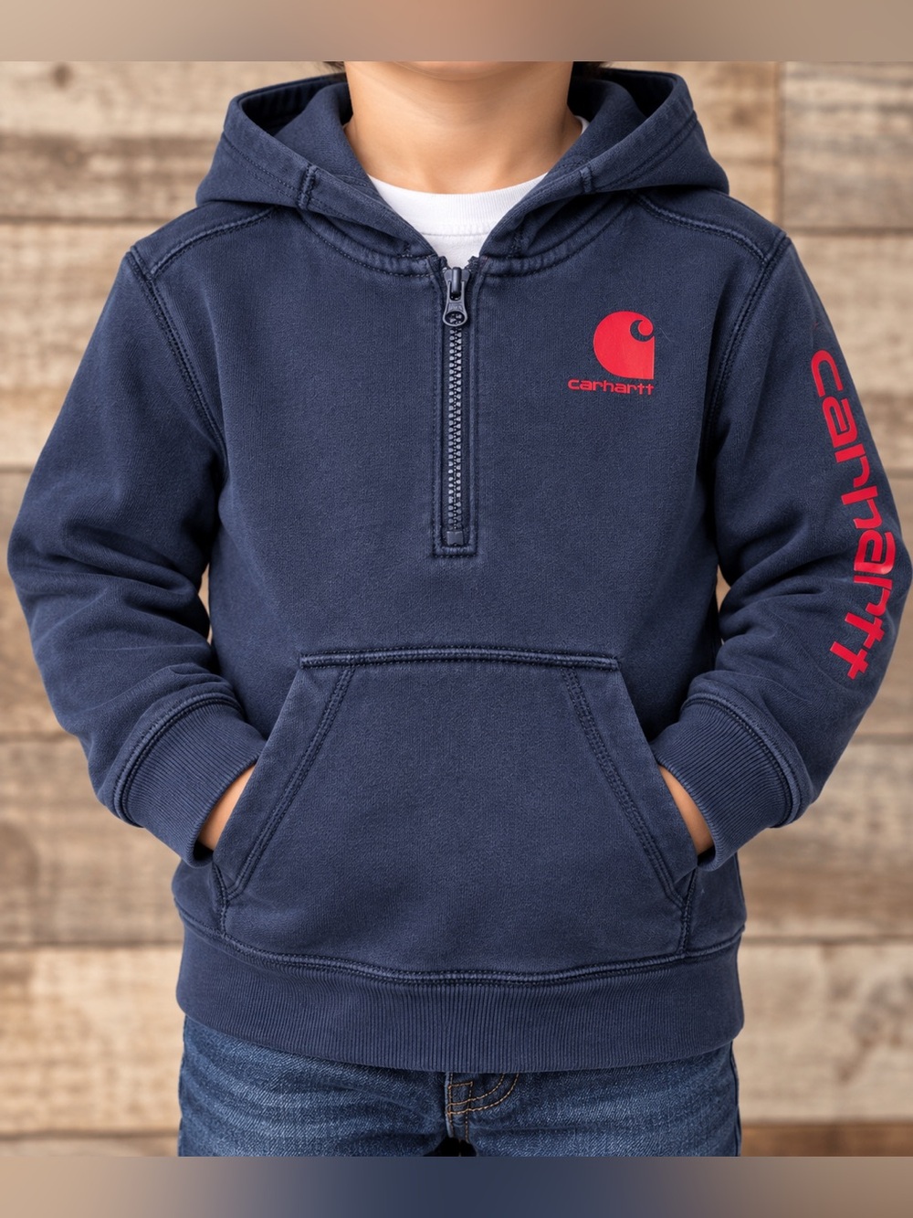 Carhartt Kids Navy Hoodie with Red Logo - Half Zip Pullover-size 4T